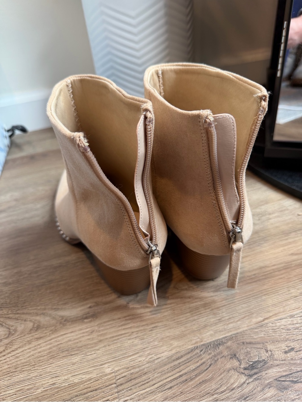 Women's Beige Suede Pointed Ankle Boots with Stud Detail - Picture 4 of 6